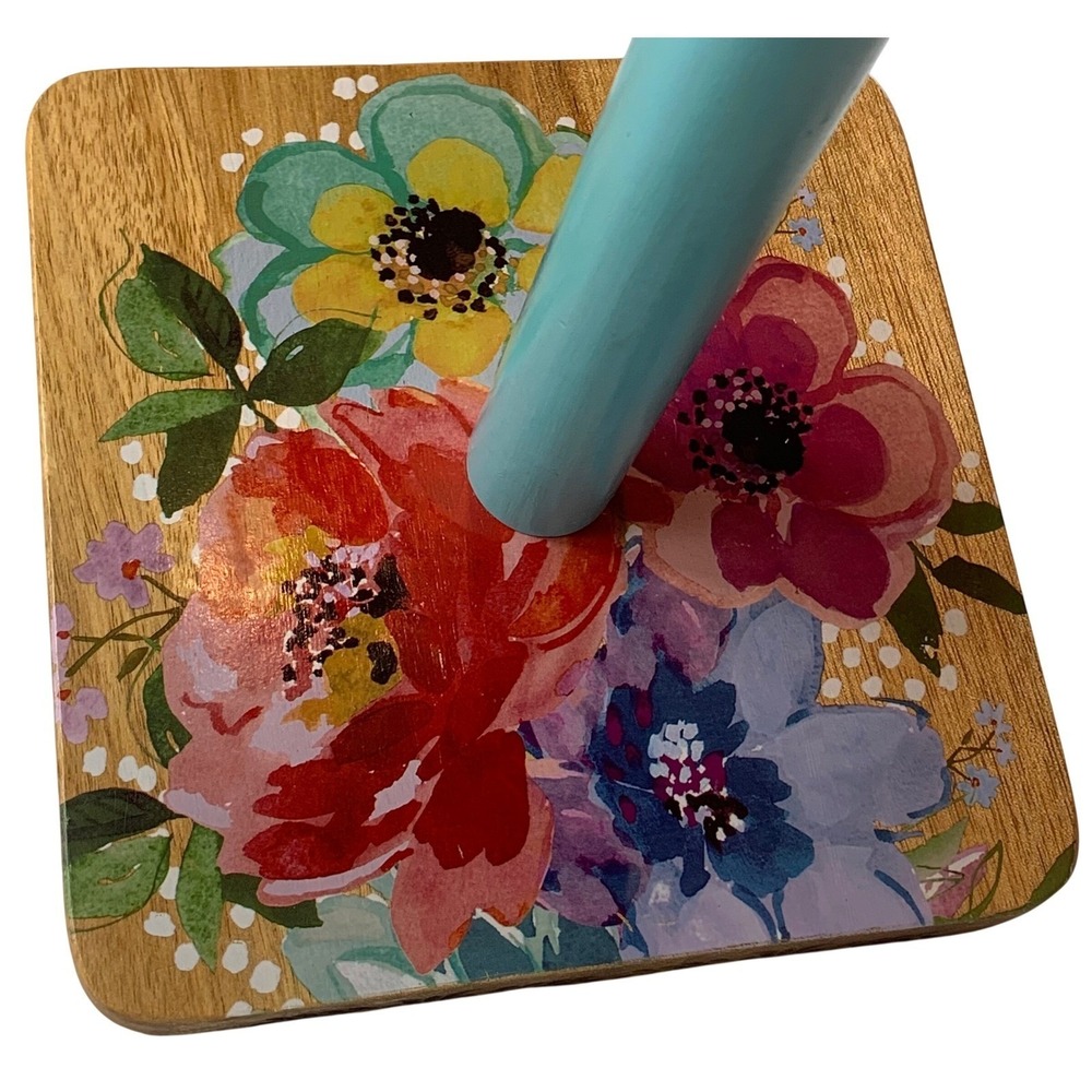 Pioneer Woman Floral Wooden Paper Towel Holder Teal Wood Base Acrylic Finial - Picture 6 of 11